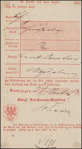 Preußen Einlieferungsschein über Geldbegleitbrief Gardelegen 1863 nach Magdeburg