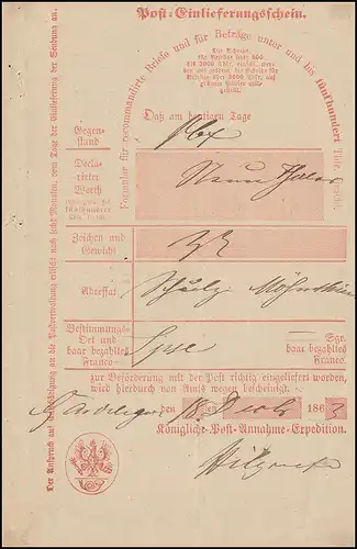 Preußen Einlieferungsschein über Geldbegleitbrief Gardelegen 24.5.1864