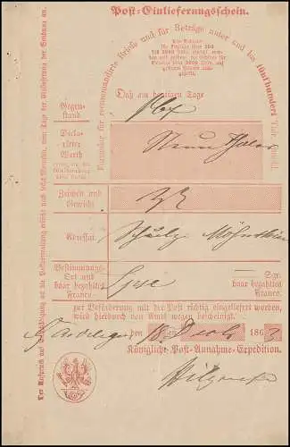 Preußen Einlieferungsschein über Geldbegleitbrief Gardelegen 18.12.1863