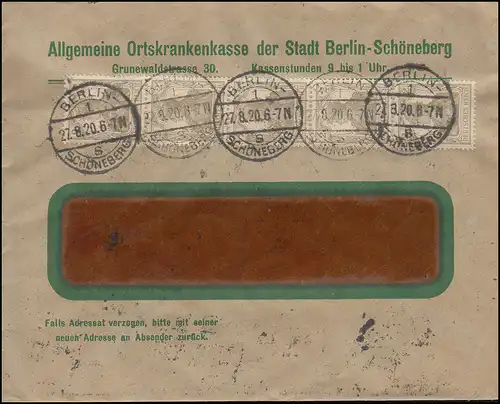 Germania-MiF 2 et 3 Pf in 5-Strasse Fensterbrief BERLIN-SCHÖNEBERG 27.8.1920