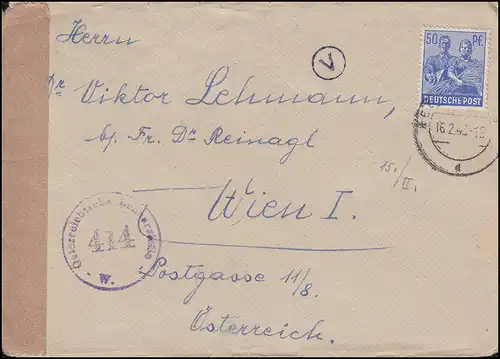 Censure de la censure autrichienne 414 sur lettre REGENSBURG 16.2.48 à Vienne