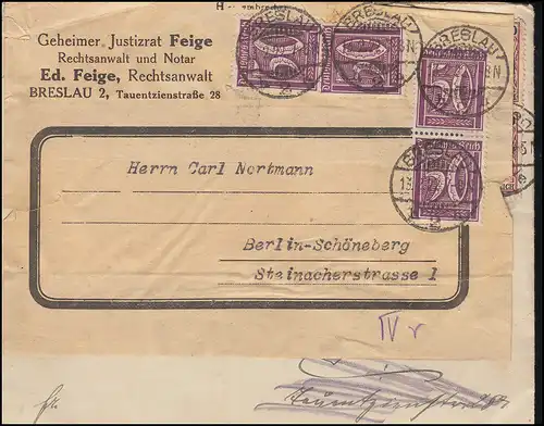 164 Ziffer 50 Pf MeF BRESLAU 13.2.22 nach Berlin wiederverwendeter Briefumschlag