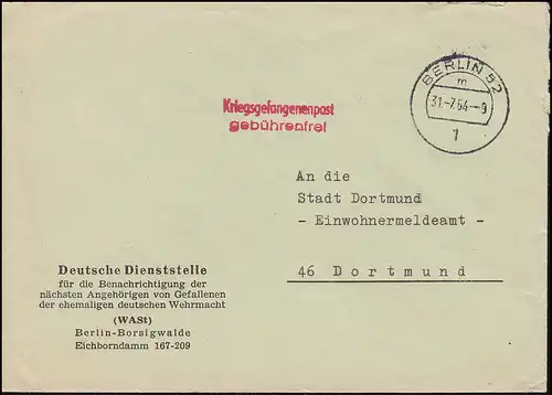 Kriegsgefangenenpost Deutsche Dienststelle WASt BERLIN 31.7.64 nach Dortmund