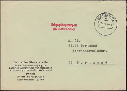 Poste de prisonniers de guerre Service allemand WAST BERLIN 31.7.64 à Dortmund