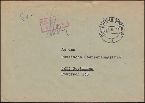 Temple payant sur lettre NOUVEAUTADT (CHwarzwaLD) 1.3.47 à Göttingen