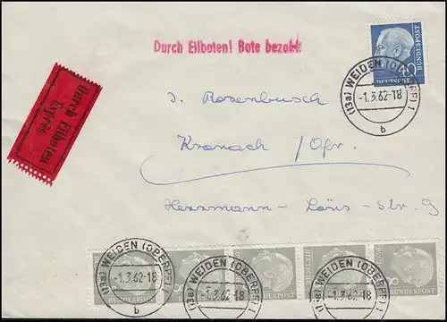 182 et 260 x Heuss 8 et 40 pf sur lettre d'urgence WEIDEN 1.3.62 après KRONACH 2.3.