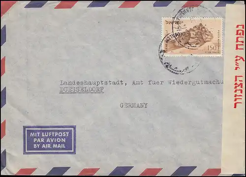 Censure israélienne 1023 Lettre postale aérienne d'Israël 83 EF n. Düsseldorf, vers 1954/55