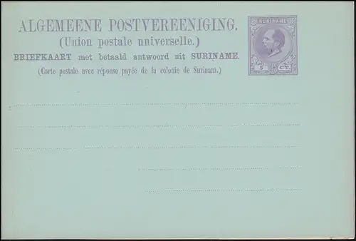 Surinam Doppel-Postkarte / Double Post Card 5/5 Ct. lila von 1882 ungebraucht **