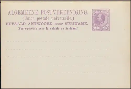 Surinam double carte postale / Double Post Card 5/5 Ct. violet non utilisé de 1882 **