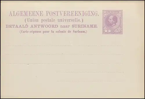 Surinam Doppel-Postkarte / Double Post Card 5/5 Ct. lila, PARAMARIBO 16.11.1882