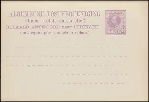 Surinam Double-Postcard / Double Post Card 5/5 Ct. violet, PARAMARIBO 16.11.1882