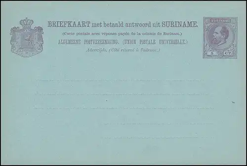 Surinam Doppel-Postkarte / Double Post Card 5/5 Ct.1888, ungebraucht **
