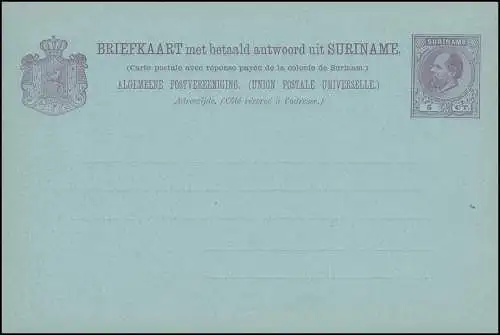 Surinam Doppel-Postkarte / Double Post Card 5/5 Ct.1888, ungebraucht **