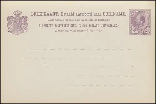 Surinam Doppel-Postkarte / Double Post Card 5/5 Ct.1888, ungebraucht **