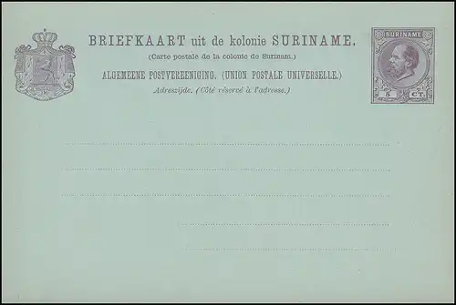 Surinam Postkarte / Post Card 5 Ct. lila auf bläulich 1888, ungebraucht **