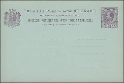 Suriname Carte postale / Post Card 5 Ct. violet sur bleuâtre 1888, non utilisé **