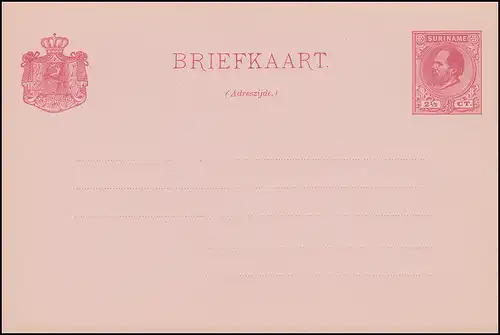 Suriname Carte postale / Post Card 2 1/2 Ct. rose rougeâtre 1888, non utilisé **