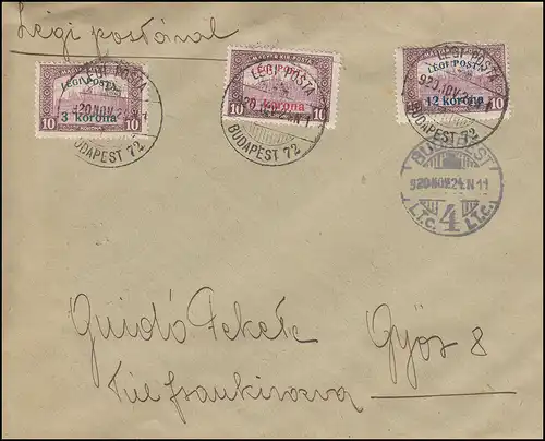 Ungarn 319-321 Flugpostmarken mit Aufdruck, Satz auf Brief BUDAPEST 24.11.1920