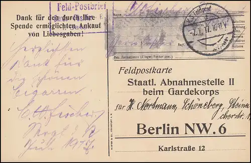Feldpostkarte / Spendenkarte B.S. Garde-Füsilier-Reg. Feldpost 7.7.17 n. Berlin