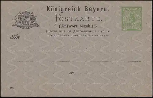 Carte postale double P 35 chiffre 3/3 Pf DV 89 Wz. x, vert clair / gris, non utilisé **