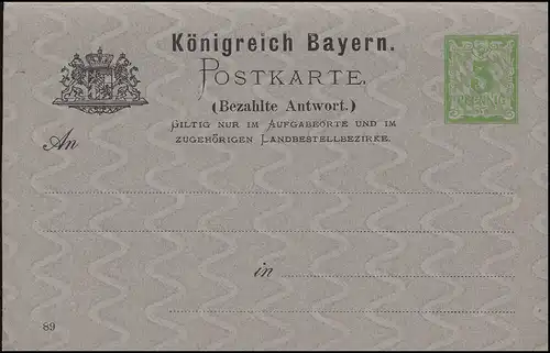 Doppel-Postkarte P 35 Ziffer 3/3 Pf DV 89 Wz. x, hellgrün / grau, ungebraucht **