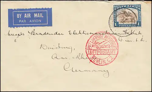 MIT LUFTPOST BEFÖRDERT LUFTPOSTAMT BERLIN auf Brief aus Johannesburg 1934