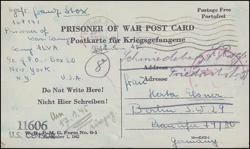 Kriegsgefangenenpost Karte aus USA US CENSUR 11606 NEW YORK 4.6.44 nach Berlin