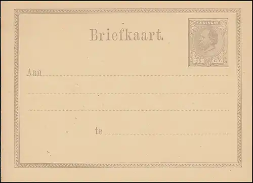 Surinam Postkarte / Post Card 15 Ct. braun 1878, ungebraucht **