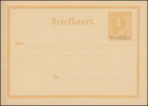Surinam Postkarte / Post Card 12 1/2 C mit Aufdruck 7 1/2 C 1879, ungebraucht **