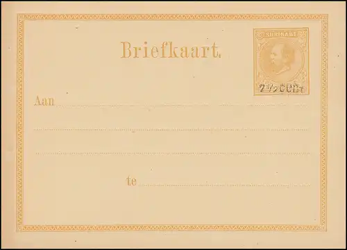 Suriname Carte postale / Post Card 12 1/2 C avec impression 7 1/2C 1879, non utilisé **