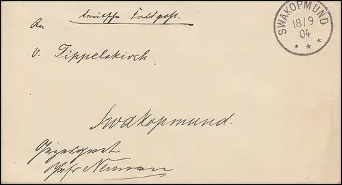 Feldpost-Brief DSWA Orts-Bf. SWAKOPMUND 18.9.1904 zur Zeit des Herero-Aufstandes