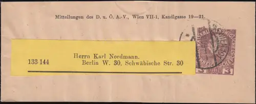 Autriche Streifband S 8 Empereur Franz Joseph de WIENNE D.Ö.A.V. 1909 à Berlin