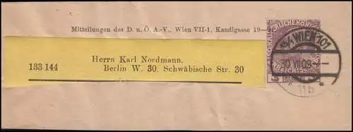 Österreich Streifband S 8 Kaiser Franz Joseph von WIEN D.Ö.A.V. 1909 nach Berlin