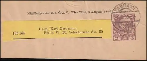 Österreich Streifband S 8 Kaiser Franz Joseph von WIEN D.Ö.A.V. 1909 nach Berlin