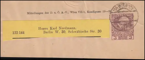 Österreich Streifband S 8 Kaiser Franz Joseph von WIEN D.Ö.A.V. 1909 nach Berlin