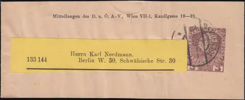 Österreich Streifband S 8 Kaiser Franz Joseph von WIEN D.Ö.A.V. 1909 nach Berlin