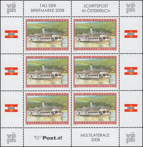 2767KB Tag der Briefmarke Schaufelraddampfer 2008 - kompletter Kleinbogen, **