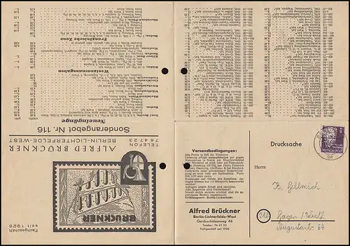 Liste des prix en tant qu'impression de plis de timbres Brückner BERLIN 19.4.49 n. Hagen