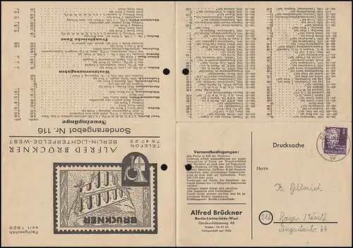 Preisliste als Falt- Drucksache von Briefmarken Brückner BERLIN 19.4.49 n. Hagen