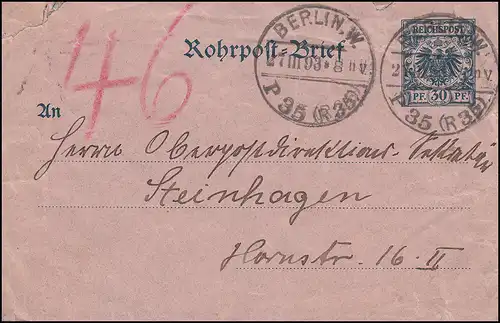 Rohrpost-Umschlag RU 3 Adler BERLIN 27.3.93 P 35 (R35) n. BERLIN 2.3. P 46 (R18)