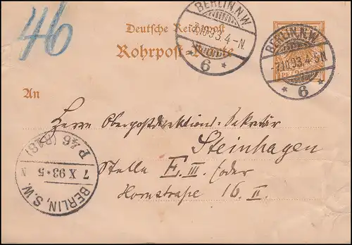 Carte de tube postale RP 8 Adler 25 BERLIN N.W. 6 - 7.10.93 n. bertIN P 46 (R 18) 7.10