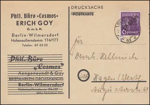 2 Schwarzaufdruck 6 Pf EF Drucksache Philat. Büro Cosmos BERLIN 61 g - 14.1.49