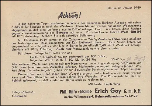 2 Schwarzaufdruck 6 Pf EF Drucksache Philat. Büro Cosmos BERLIN 61 g - 14.1.49