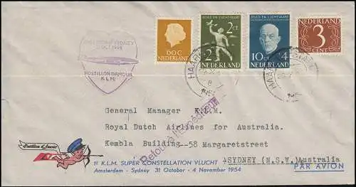1. KLM-Sonderflug POSTILLION D'AMOUR Amsterdam-Sydney 31.10.1954 Brief 26.10.54