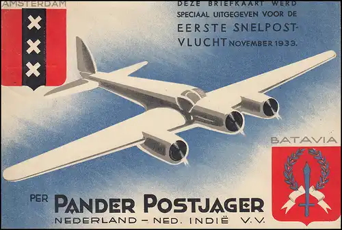 Postkarte PANDER POSTJAGER als Flugpost PELIKAAN MEDAN 27.12.33 nach Amersfoort