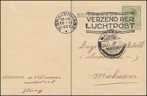 Carte postale P 192 avec courrier aérien ♥S GRAVENHAGE 20.2.1937 selon Makasser 29.3.37