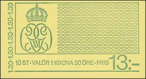 Markenheftchen König Carl XVI. Gustaf 1,30 Kr. dunkelgelbgrün 10x 935D, **
