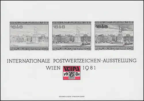Gedenkblatt 7 Briefmarkenausstellung WIEN 1981 als Schwarzdruck