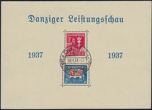 Danzig Block 3 Leistungsschau 1937, passender Ersttags - Sonderstempel 28.11.37