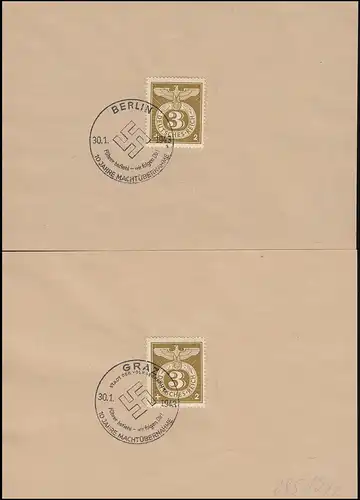 830 Sonderstempelmarke auf zwei Stempelvorlagen mit SSt BERLIN und GRAZ 30.1.43